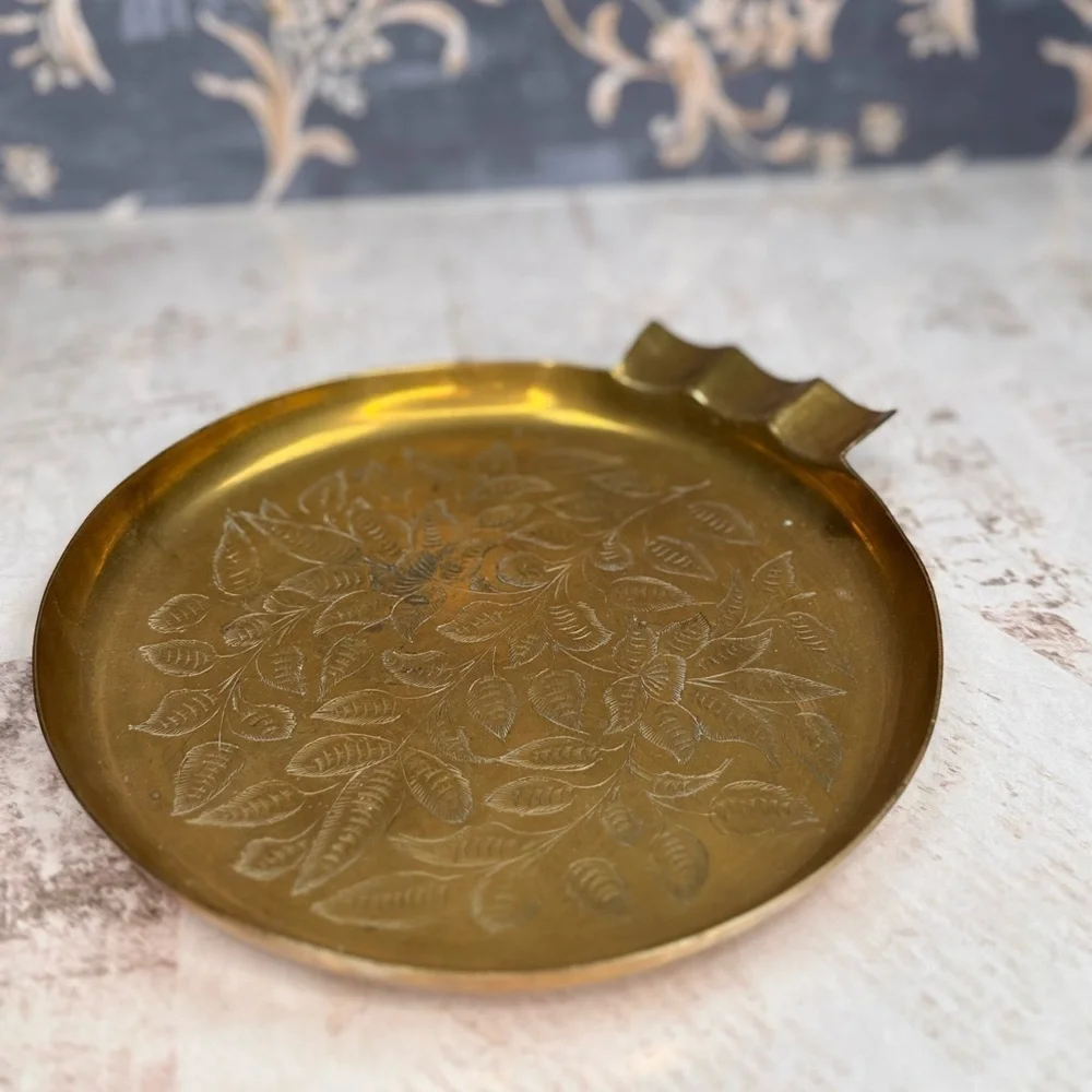 Vintage Brass Etched Floral Tray Small Catchall Dish Estate Find
